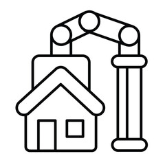 Poster - Assembled house and crane thin line icon, construction concept. Vector graphics. 3D printed cottage building sign on white background, style mobile or design.