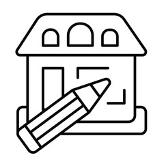Poster - Home house design and pencil thin line icon, architect studio concept. Vector graphics. Cottage building project drawing sign on white background, style mobile or design.