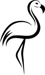 Poster - Minimalist flamingo illustration, black line art bird, elegant standing pose, simple animal design, modern style, isolated on transparency background, graceful and calm mood
