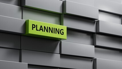 Poster - Planning.metal blocks spelling.Flat lay view from above on green background with metal blocks buttons.IT technology concept.3D rendering on green background.