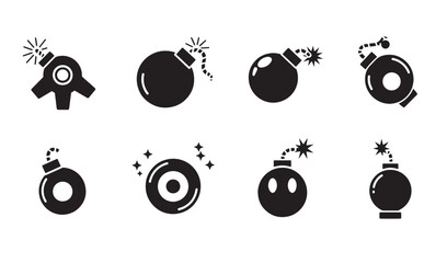 Poster - Collection of black and white bomb icons displaying diverse shapes and explosive designs