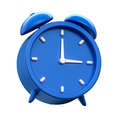 Leinwandbilder - A blue alarm clock with white hands and hour markers on a black isolated background in a three d render