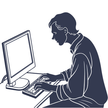 Man silhouette typing on a desktop computer eps