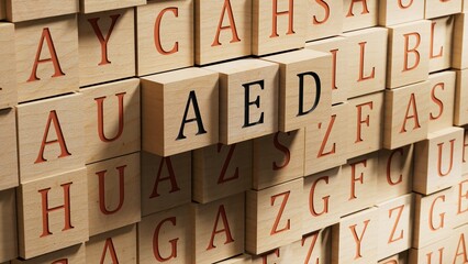 Poster - wooden blocks with aed business word.close up of wooden blocks,Business Concept.3D rendering on wooden background.