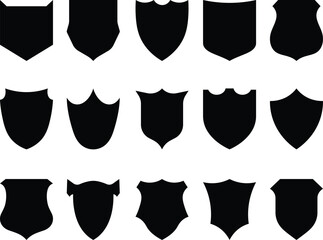 Fototapete - A collection of various shield shapes in solid black representing protection and emblems