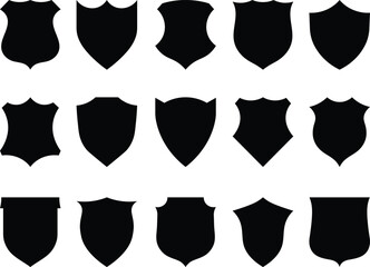 Poster - Collection of vector shields in black silhouette various shapes representing protection and security