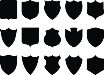 Fototapete - Set of fifteen black silhouette shield designs for badges emblems and logos isolated on white