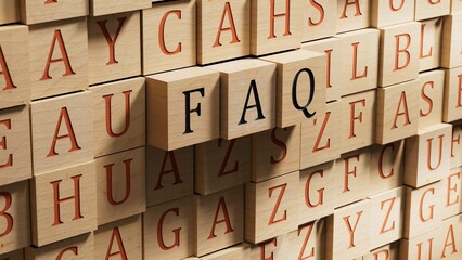 Poster - faq word written on wooden blocks with copy space.close up of wooden blocks,Business Concept.3D rendering on wooden background.