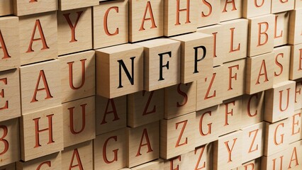 Poster - Word NFP. Wooden small wooden blocks with letters with copy space available.close up of wooden blocks,Business Concept.3D rendering on wooden background.