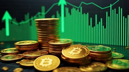 Leinwandbilder - Stacks of golden Bitcoin coins are displayed with a digital trading chart showing market movement in the background.