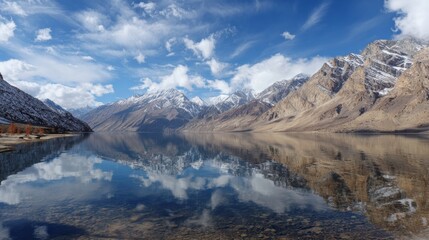 Poster - Majestic Mountain Landscape Reflecting in Serene Lake Under a Clear Sky With Fluffy Clouds at Sunrise