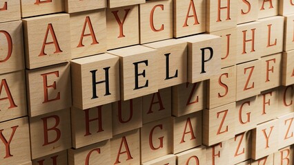 Poster - help.wooden blocks spelling.Flat lay view from above on wooden blocks buttons.IT technology concept.3D rendering on wooden background.