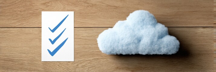 Poster - Cloud Storage Safety Checklist With Blue Checkmarks on Paper Next to a Fluffy Cloud on Wooden Table