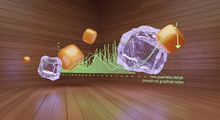 Poster - A digital rendering of ice cubes and orange cubes floating above a green graph on a wooden background