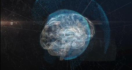 Poster - After activation holographic brain rotating, pulsing pathways and radiating beams showing data flow