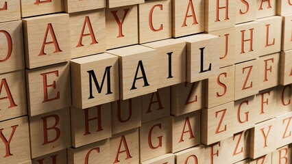 Poster - Mail.wooden blocks spelling.Flat lay view from above on wooden blocks buttons.IT technology concept.3D rendering on wooden background.