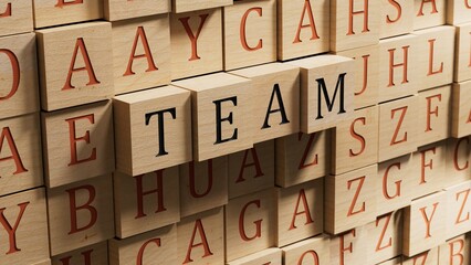 Poster - The hand puts a wooden blocks with the letter T from the word Team. The word is written on wooden blocks.close up of wooden blocks.3D rendering on wooden background.