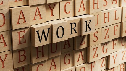 Poster - Word WORK. wooden blocks with letters isolated on a laptop keyboard.close up of wooden blocks,Business Concept.3D rendering on wooden background.