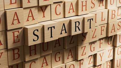Poster - wooden blocks with the word start. To start a business, job, project or career concept.3D rendering on wooden background.