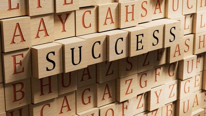 Poster - success.wooden blocks spelling.Flat lay view from above on wooden background with wooden blocks buttons.IT technology concept.3D rendering on wooden background.
