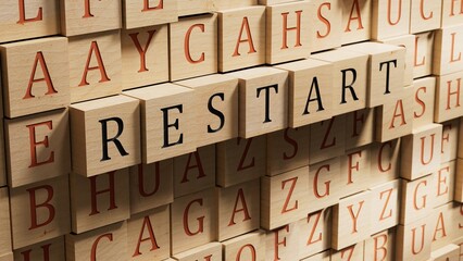 Poster - Wooden Blocks with the text: Restart. New business relaunch startup concept.3D rendering on wooden background.