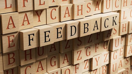 Poster - Word FEEDBACK made with wooden blocks.business concept.close up of wooden blocks,Business Concept.3D rendering on wooden background.