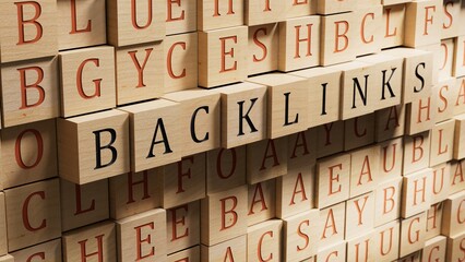 Poster - Backlinks - conceptual text with wooden blocks.3D rendering on wooden background.