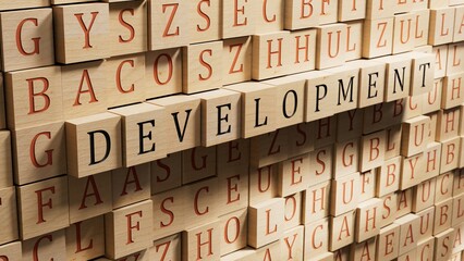 Poster - development.3D illustration of wooden blocks.close up of wooden blocks,3D rendering on wooden background.