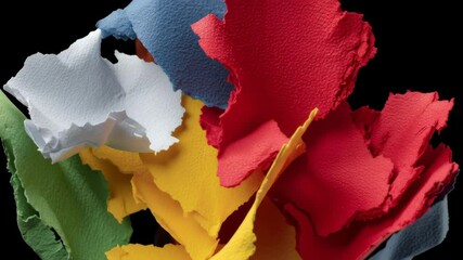 Poster - Pile of torn paper with different colors and shapes. The colors are red, yellow, green, and white. The paper is crumpled and torn, giving the impression of a chaotic and disorganized scene