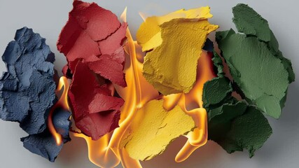 Poster - Piece of art made of paper with a fire burning in the middle. The fire is surrounded by four different colored pieces of paper. The colors are red, yellow, green, and blue