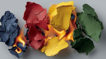 Poster - Piece of art made of paper with a fire burning in the middle. The fire is surrounded by four different colored pieces of paper. The colors are red, yellow, green, and blue