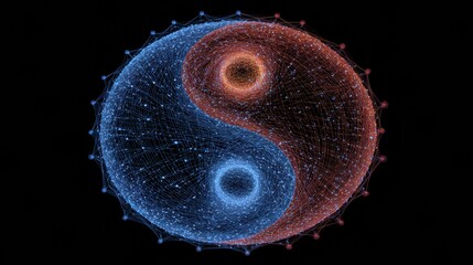 Aufkleber - Symbol of Emotional Balance Represented by Yin-Yang Integrated Within a Neural Network Design in a Dark Background