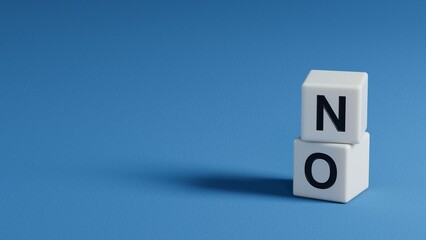 Poster - wooden elements with text no. Negative answer concept. No risk, no violence or no discrimination concept.3D rendering on blue background.