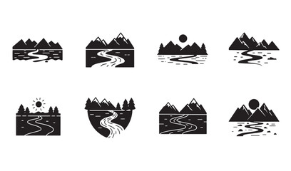 Poster - Collection of black and white mountain landscape vector illustrations with river and sun designs