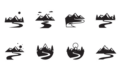Poster - Collection of mountain landscape icons showcasing peaks river forest and scenic outdoor illustrations