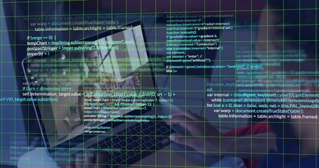 Poster - Man opening laptop starting remote tech call grid forming code scrolling over screen covering hands