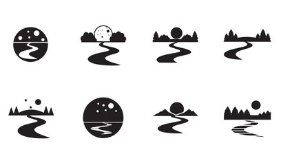 Poster - Vector illustrations depicting landscapes with river, trees, moon, and mountains silhouettes