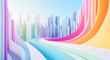 Poster - A vibrant city skyline filled with colorful abstract waves that illustrate the urban energy and modernity of the city