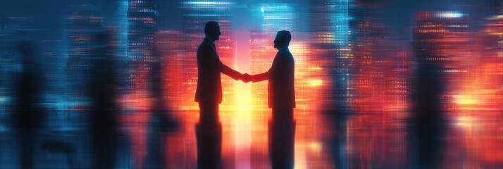 Poster - Business People Shake Hands Over Glowing Deal Board in Vibrant City Skyline at Dusk