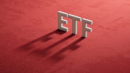 Poster - ETF - word concept on building blocks, text, letters.close up of shadow of 3d charcaters,Business Concept.3D rendering on red background.