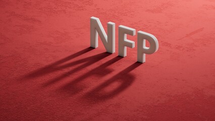 Poster - Word NFP. Wooden small shadow of 3d charcaters with letters with copy space available.close up of shadow of 3d charcaters,Business Concept.3D rendering on red background.