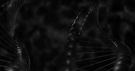 Poster - Particle strands emerging edges twisting into rotating 3D helix as glowing orbs highlighting form