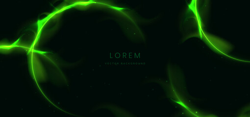 Poster - Neon green light circles with sparkle on dark green background.