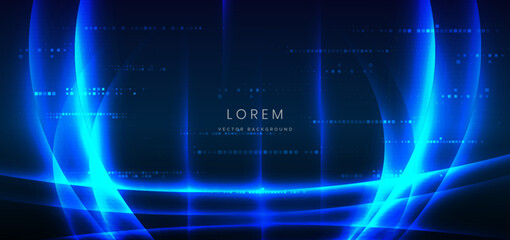 Poster - Abstract technology futuristic glowing lines neon blue light ray on dark blue background with square pattern digital element.
