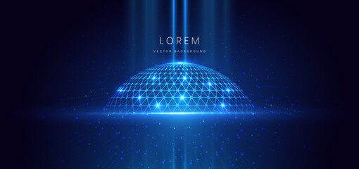 Poster - Scence futuristic glowing blue neon light ray with global decor on dark blue background.