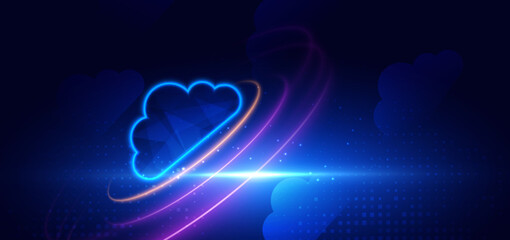 Poster - Cloud glowing futuristic technology connected digital servers on dark blue background.