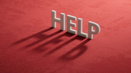 Poster - help.shadow of 3d charcaters spelling.Flat lay view from above on shadow of 3d charcaters buttons.IT technology concept.3D rendering on red background.