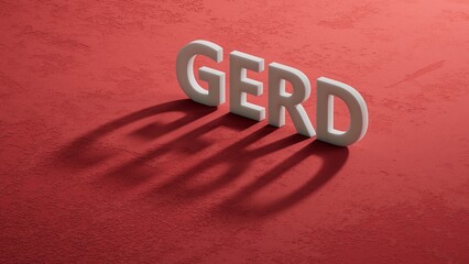 Poster - The word GERD is written on shadow of 3d charcaters. Medical concept.close up of shadow of 3d charcaters,Business Concept.3D rendering on red background.