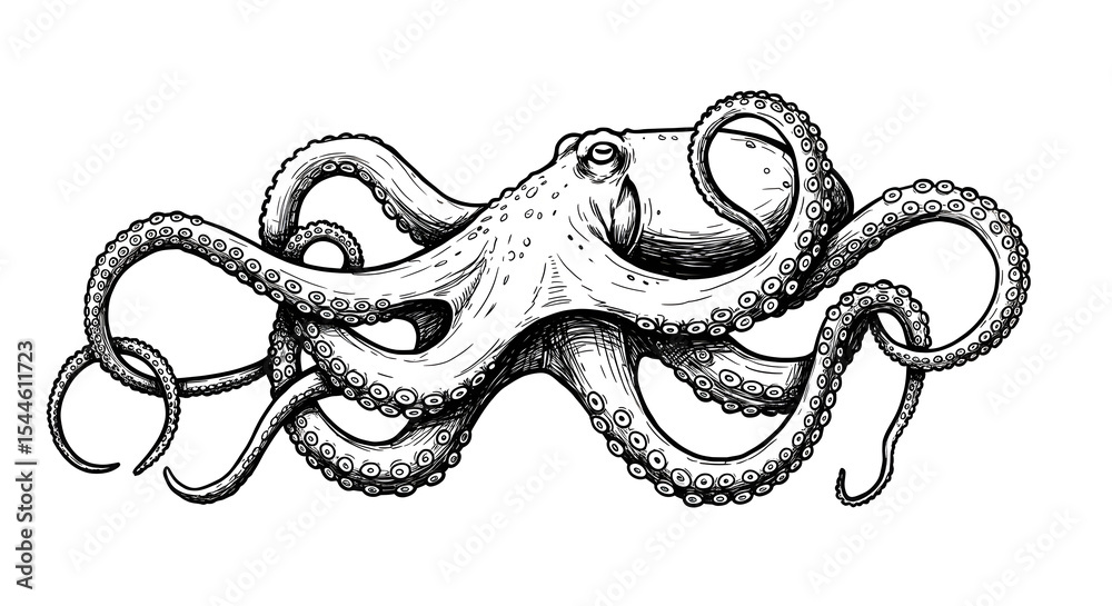 Detailed black and white illustration of a large octopus with tentacles ...