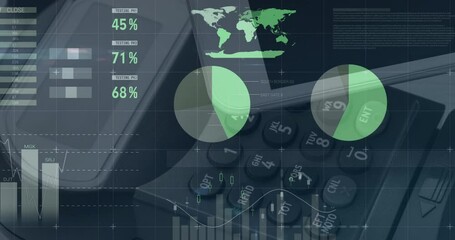 Poster - Animation starting overlaying data on calculator and tablet edge while visualizing market trends